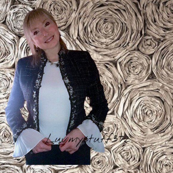 Pretty Vintage Nipon Boutique Jacket in Black/White Plaid with Silk Fringe Trim - Picture 4 of 12